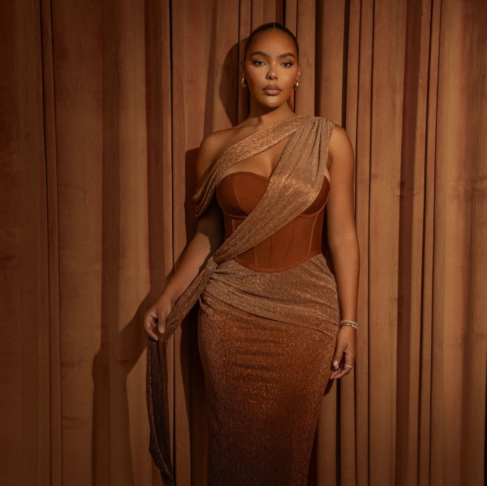 JLUXLABEL GOLD CELESTINA DRAPED MAXI DRESS